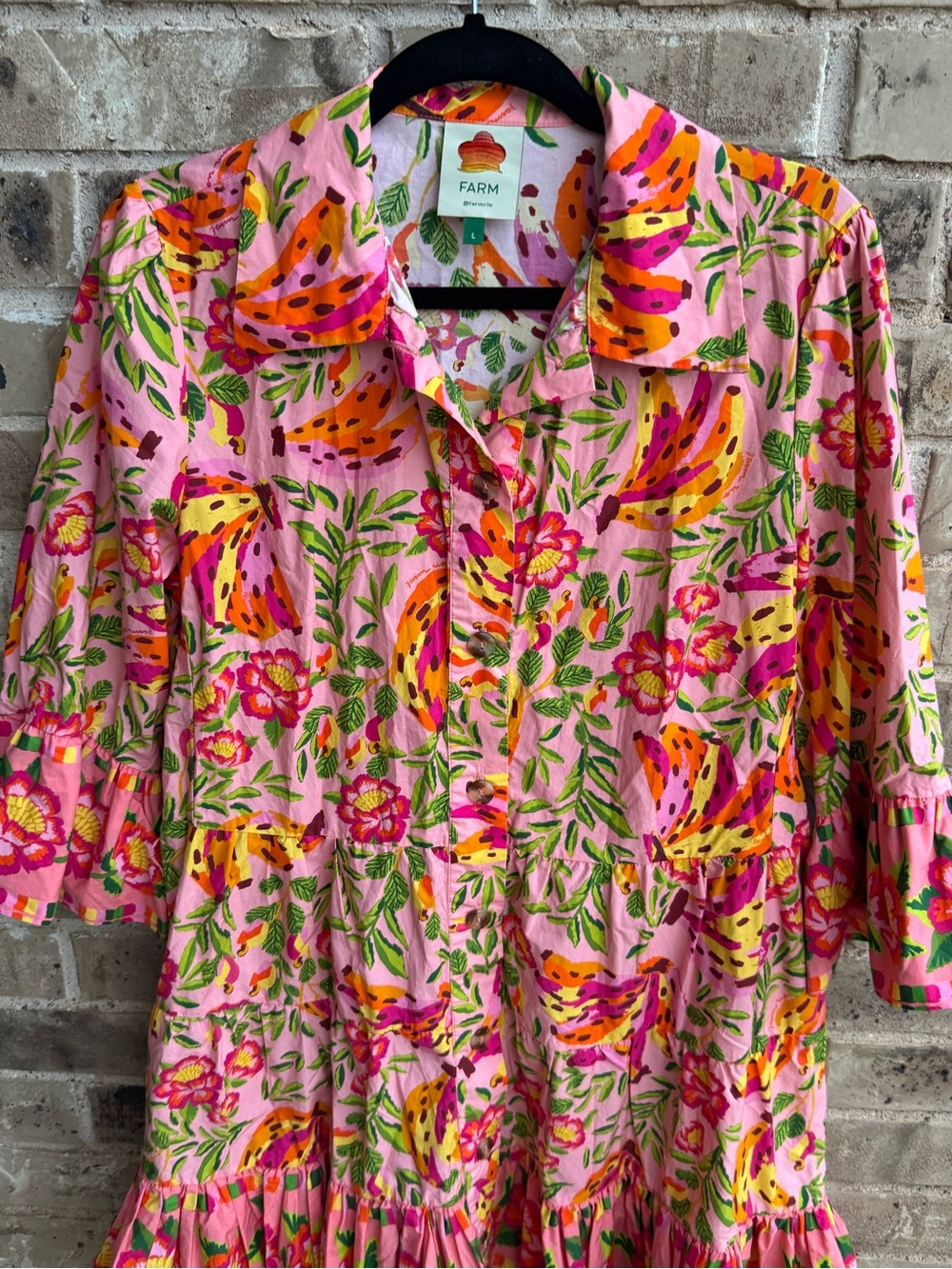 Farm Rio Painted Bananas Ruffle Shirt Midi Dress Size Large - Picture 4 of 14